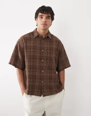 ASOS DESIGN boxy oversized plaid shirt in brown