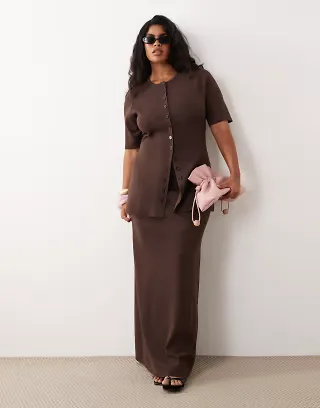Pretty Lavish Curve Lilah knit maxi skirt in chocolate - part of a set