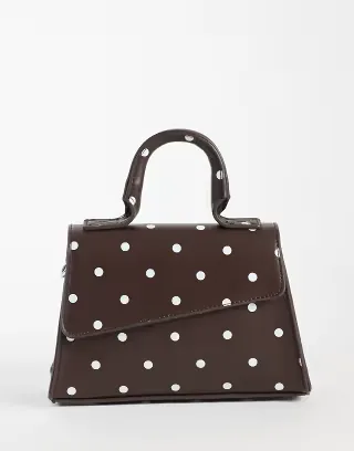 PASQ diagonal flap clutch purse with crossbody strap in brown polka dots