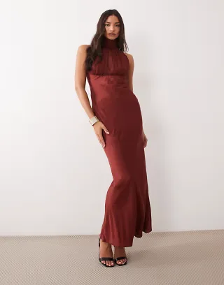 ASOS DESIGN high neck satin maxi dress with ruched chiffon detail in red