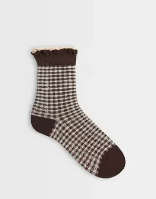 ASOS DESIGN gingham pattern socks with top frills in black and beige