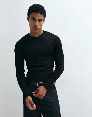 ASOS DESIGN muscle fit long sleeve high v-neck t-shirt in black rib