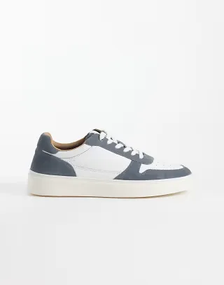 ASOS DESIGN paneled lace up sneakers with rubber sole in white leather and blue suede