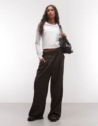 COLLUSION pull on trouser in chocolate stripe