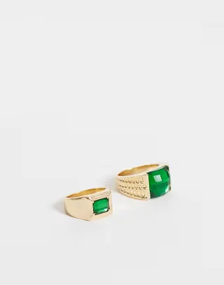 ASOS DESIGN pack of 2 stone set vintage rings in gold tone with green stone set