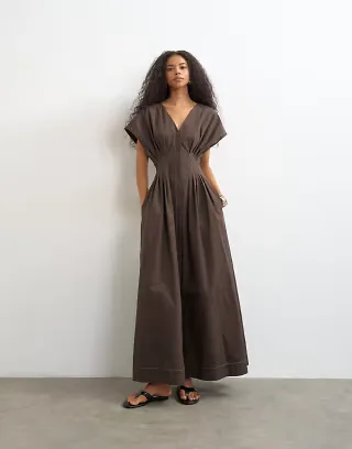 Topshop exaggerated shoulder with cinched pintuck waist in chocolate