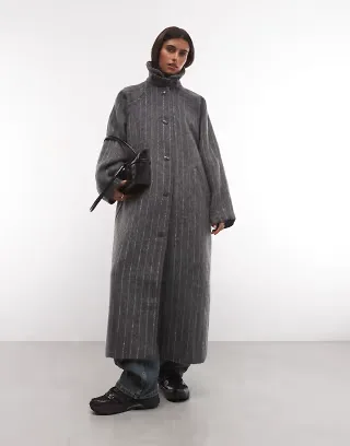COLLUSION pinstripe long raglan funnel coat in gray