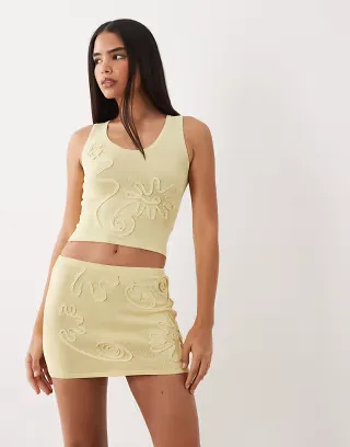 Wanderdoll Eliza metallic knit abstract detail mini skirt in lemon - part of a set