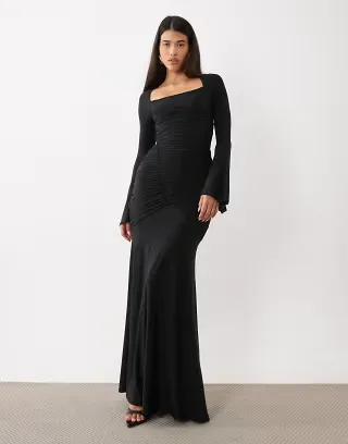 ASOS DESIGN slinky square neck maxi dress with ruched bodice in black
