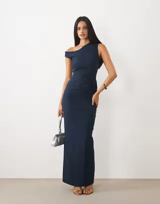 Vesper off the shoulder ruched front bengaline maxi dress in navy