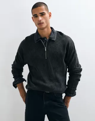 ONLY & SONS textured half zip knitted polo in washed black
