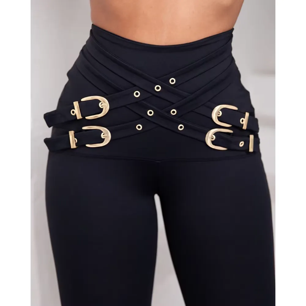 Women's High Waist Criss Cross Buckled Skinny Pants Black Eyelet Detail Daily Leggings Autumn Fashion Pants