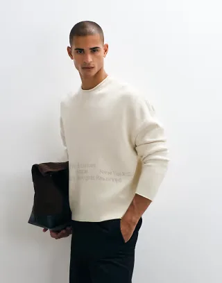 ASOS DESIGN super oversized knit crew neck sweater with print in ecru