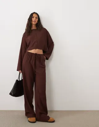 ASOS DESIGN linen blend pull on pants in brown - part of a set