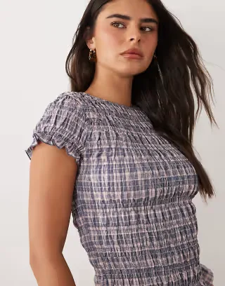 Daisy Street short sleeve shirred top in multi check