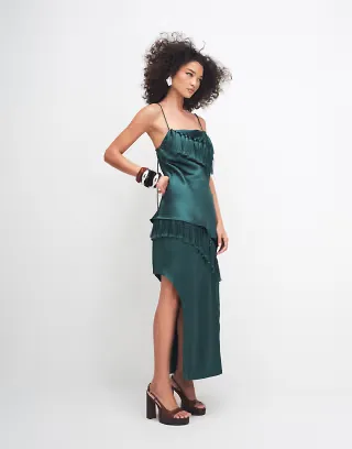 ASOS DESIGN satin midi skirt with tassel detail in dark green