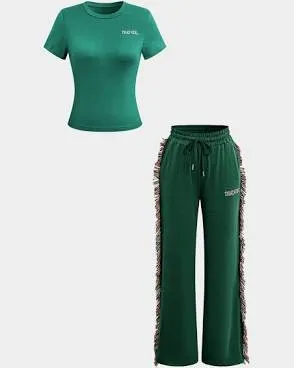 Micas Women's Letter Print T-shirt and Tassel Pants Set