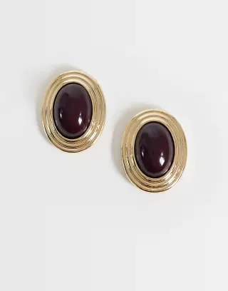 Accessorize vintage look burgundy stone stud earrings in gold