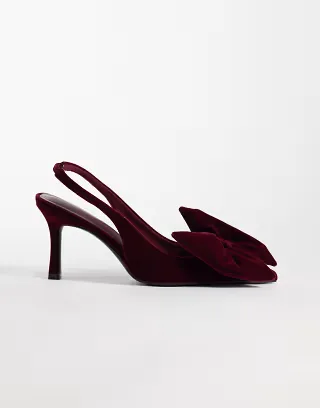 ASOS DESIGN Wide Fit Shine slingback bow detail mid heel shoes in berry velvet