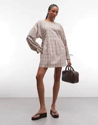 Daisy Street chuck on smock long sleeve mini dress in blue brown plaid