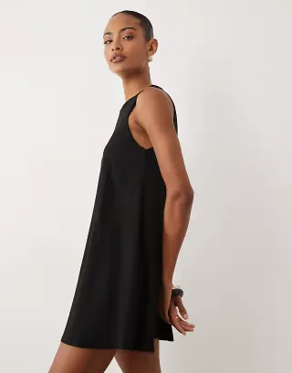 Fashionkilla exclusive linen look smock mini dress in black