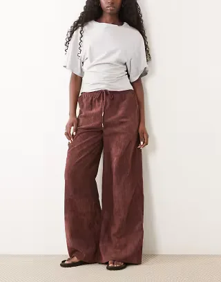 ASOS DESIGN pull on waist wide leg corduroy pants in dark chocolate