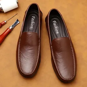 Spring Genuine Leather Mens Loafers - Handmade Moccasins Casual Business Flats - Soft Sole Brown Minimalist Shoes