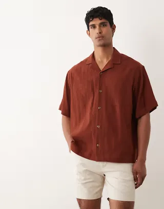 ASOS DESIGN oversized revere crinkle texture shirt in brown