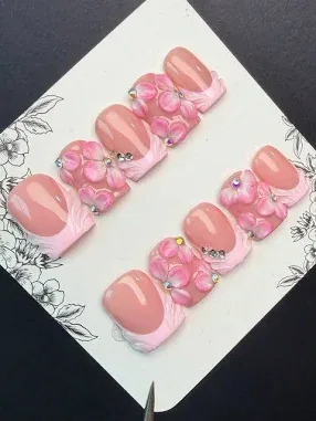 10pcs Pink Nude French Press-On Nails Acrylic Designs Short Square Handmade Carved Rhinestone Y2K Baddie Style Jelly Fal
