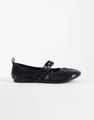 London Rebel Mia strappy ruched ballet flats in black