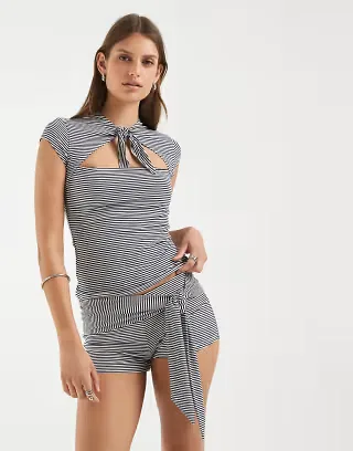 Supré Soft Tanisha tie front booty shorts in renata stripe navy cream - part of a set