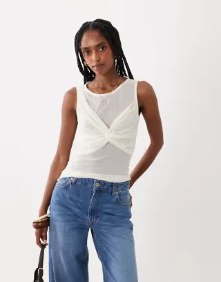 ASOS DESIGN soft semi sheer tank top with ruched bust overlay in ivory