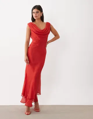 ASOS DESIGN draped off the shoulder scarf detail double layer maxi dress in deep red