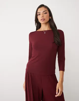 ASOS DESIGN lounge ribbed mix & match 3/4 length pajama boatneck top in fig
