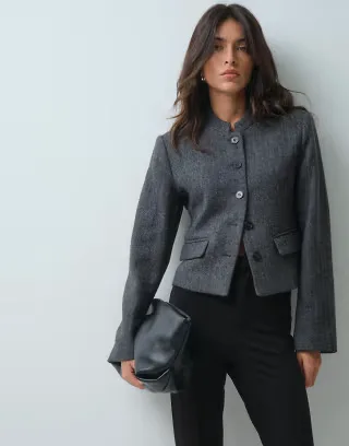 Gina Tricot cropped blazer in gray herringbone