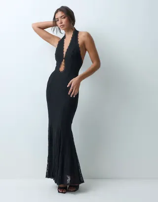 Aria Cove lace plunge halterneck maxi dress in black