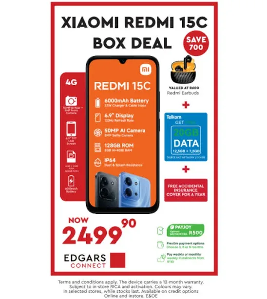 Xiaomi Redmi 15c 128GB 4G Dual Sim Cellphone - Black - Box Deal - Telkom / Dual Sim / No