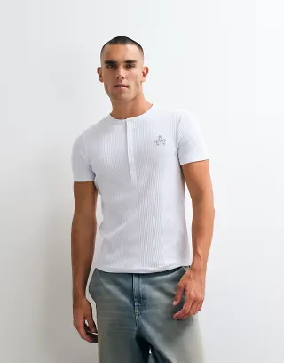 ASOS DESIGN muscle fit t-shirt with henley neck and logo in white dressy rib knit