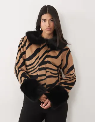 Kaiia exclusive contrast faux fur trim jacket in beige zebra print