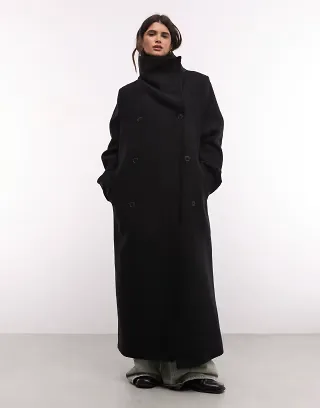 Weekday wool blend double breasted coat with funnel neck and shoulder pads in black