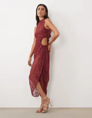 ASOS DESIGN lace maxi dress with ruched cut out detail in berry