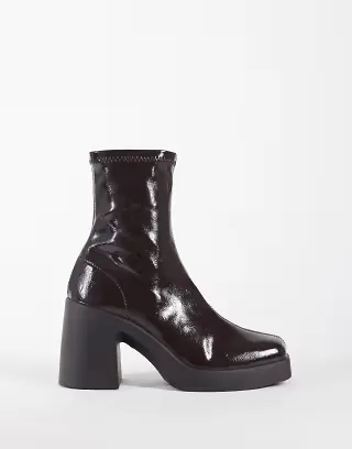 ASOS DESIGN Wide Fit Edison square toe chunky heeled sock boots in chocolate patent