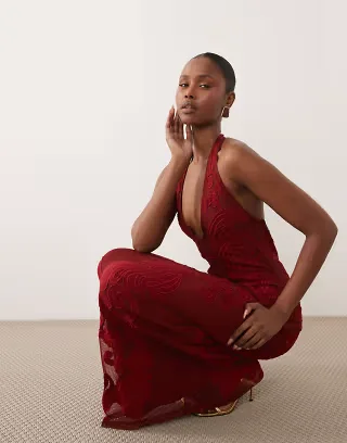ASOS DESIGN Premium embroidered applique scoop halter maxi dress in red