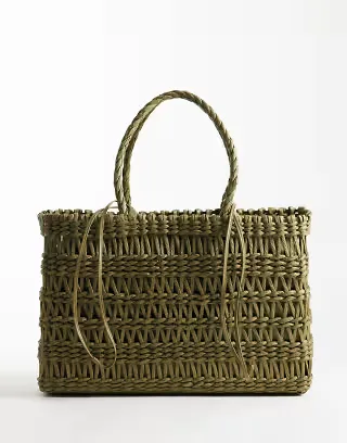 Mango woven tote bag in khaki