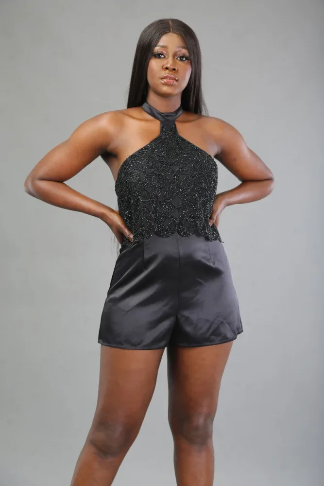 BEADED HALTER ROMPER