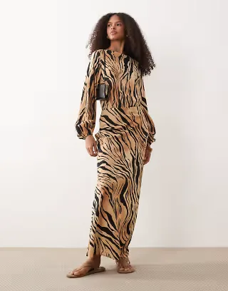 ASOS DESIGN long sleeve blouson maxi dress in mono animal print