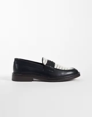 NOAK made In Portugal penny loafers with coin detail and raffia apron in black leather