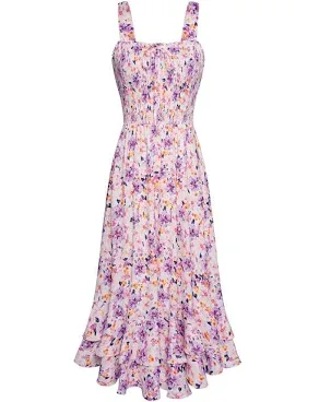 GRACE KARIN Women Summer Strappy Floral Maxi Dress Square Neck Dual Layer Hem Smocked Dress