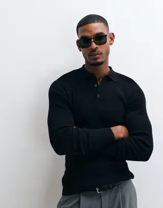 ASOS DESIGN Essentials micro rib knit muscle fit lightweight polo shirt in black
