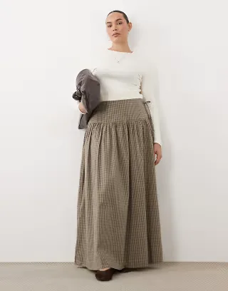 Brave Soul Curve plaid maxi skirt in chocolate brown